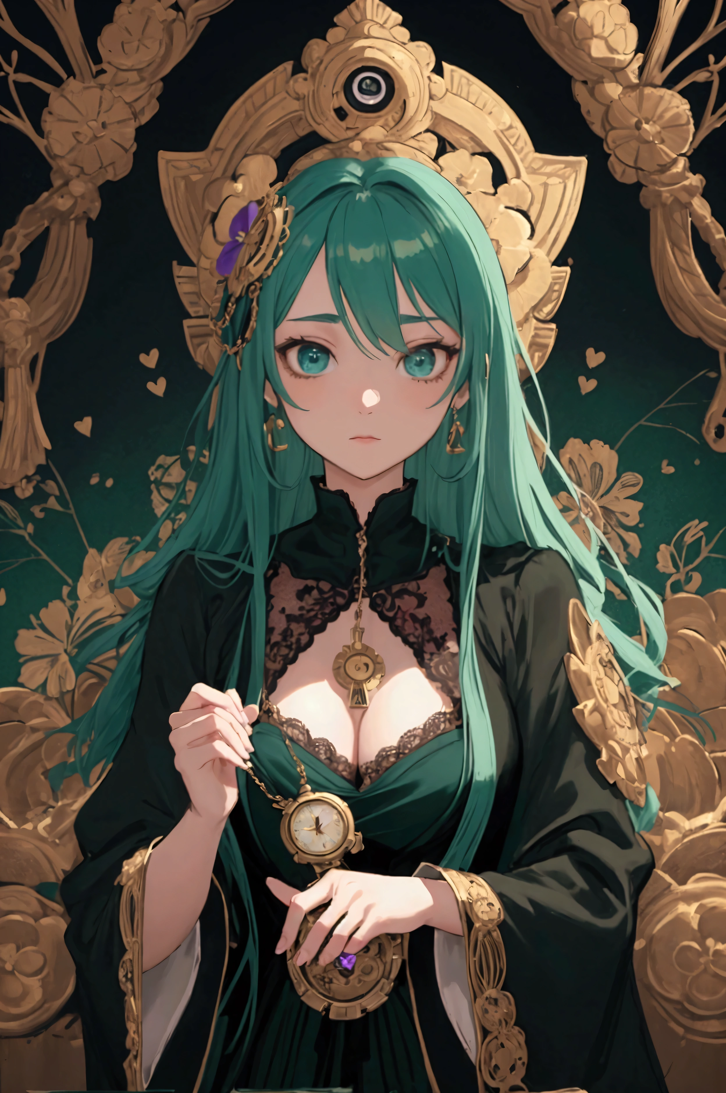masterpiece, best quality, 1girl, highres, absurdres, maxres, hd, Waifu trading card back design, green-haired girl, black lace eye mask, holding pocket watch and tarot cards, question mark in background, kind and gentle expression, fantasy anime style, intricate details, vibrant color, abstract elements, floral accents, clockwork theme, flowing hair, detailed outfit, dynamic composition, high contrast, sharp lines, soft lighting, elegant accessories, mystical aura, heart gems