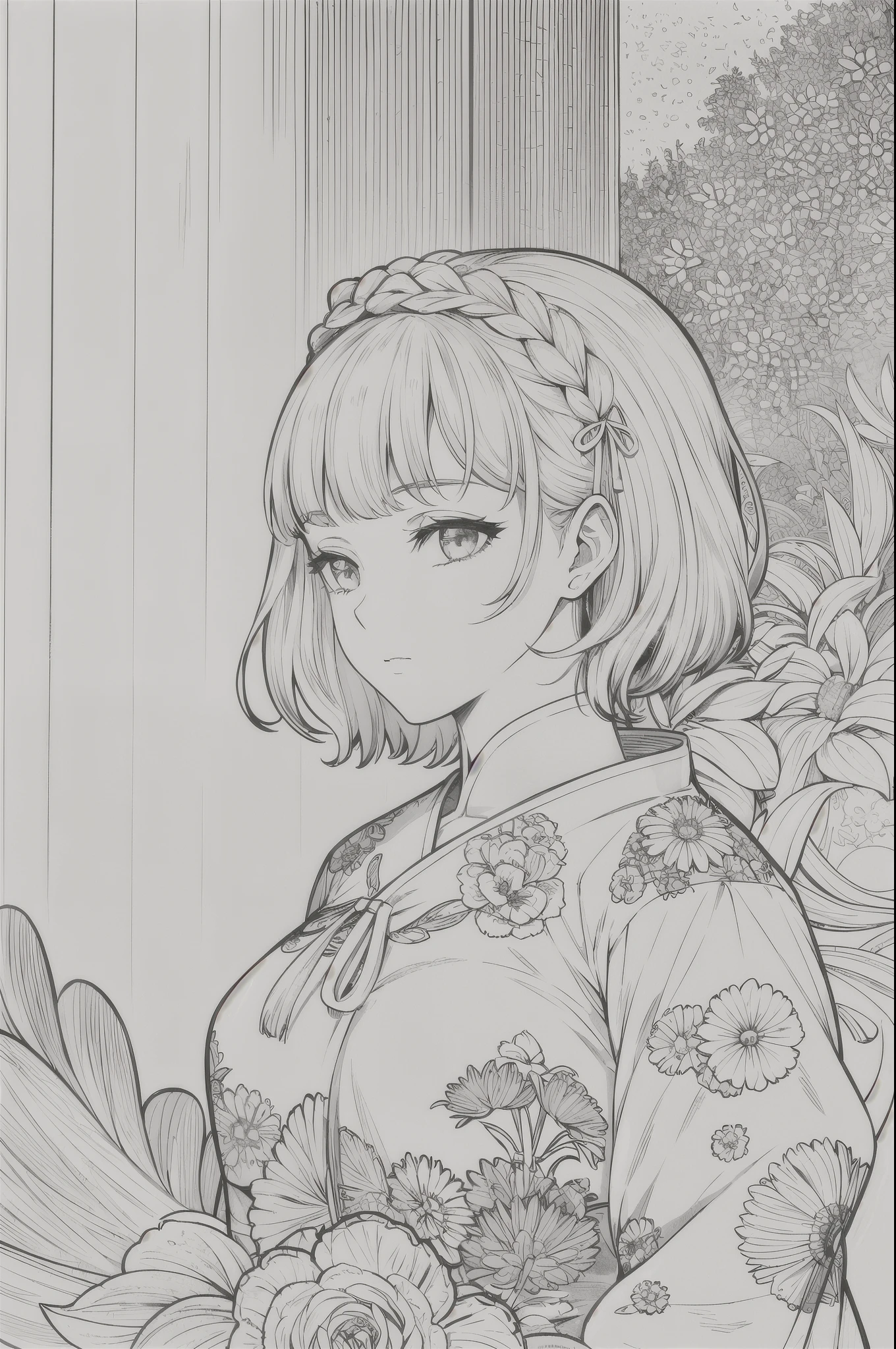 Masterpiece, top quality, one girl, beautiful facial features, short hair, white floral dress, Korean model pose, simple large hair accessory, simple temple wall in background, monochrome, line drawing, Alps mountains.