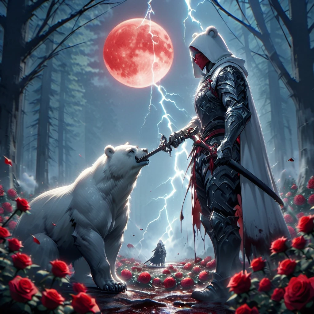 Dynamic picture where a man with a white hood with bear ears and a katana sits riding a big polar bear in a forest while the blood moon shines, many Roses cover the ground and lightning falls from the sky. The man wears a red blindfold.