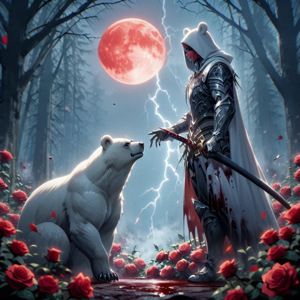 Dynamic picture where a man with a white hood with bear ears and a katana sits riding a big polar bear in a forest while the blood moon shines, many Roses cover the ground and lightning falls from the sky. The man wears a red blindfold.