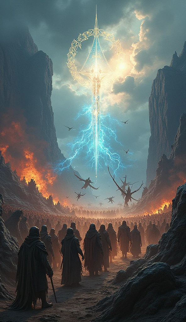 detailed high quality dark fantasy illustration, ultra realistic, two opposing sides clashing, one side with humans elves dragons and beasts, the other side with dark twisted nightmarish beings, ultinium crest text, detailed characters, detailed environments, dramatic lighting, lush colors, hyperdetailed, op art, anime style, depth of field, best quality, 8k, intricate details