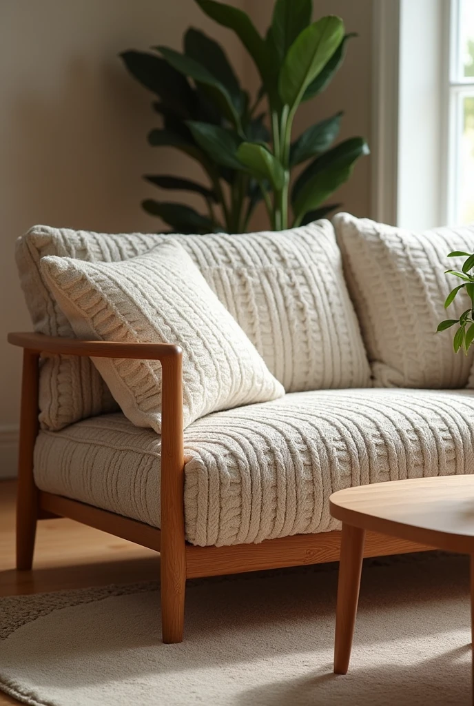 Create a comfortable sofa, with wood and upholstery made of knitting or crochet that resembles a grandmother&#39;s sofa, a sofa that is also very modern. Make the upholstery look like knitting or crochet and make sure the wood is not too thick., make it a little modern but not too much Place the sofa in front and make it more knitted 
