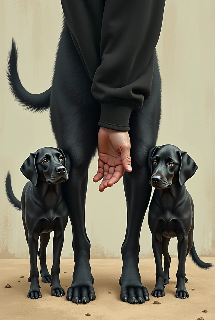 Three dog legs gathered in a circle. A bigger black one, two smaller black ones too. Avec une main humaine. 