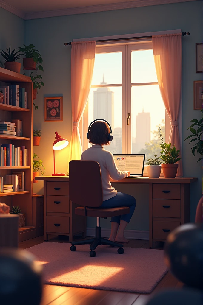 "Create an image featuring a character sitting at a desk with headphones on, in a cozy room with warm lighting. The room should have elements such as books, decorations, and a window showing either a cityscape or nature.
The atmosphere should be calm and inviting, suitable for studying or relaxing. Include soft shadows to enhance the warmth of the scene."