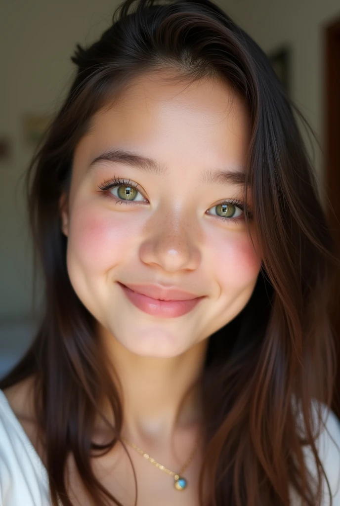 belle brune(22 ans, visage innocent, cheveux naturellement lisse, yeux verts), selfie en haut du corps, heureuse et visage enfantin