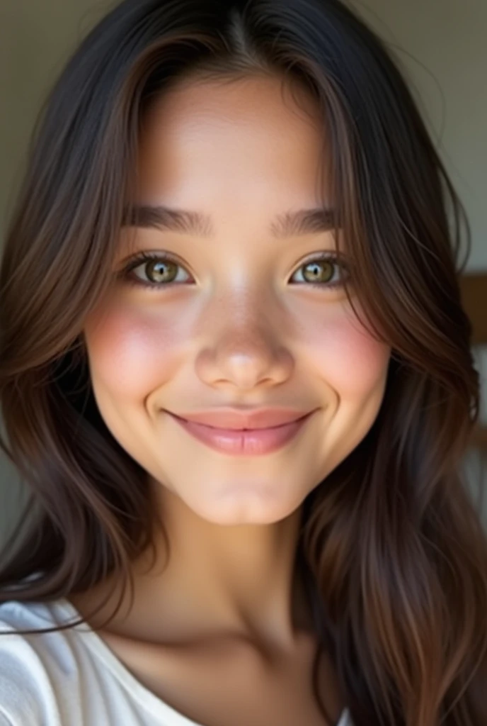 belle brune(22 ans, visage innocent, cheveux naturellement lisse, yeux verts), selfie en haut du corps, heureuse et visage enfantin