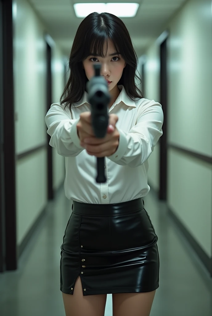 real beautiful sweet big eyes office lady japanese white shirt latex low mini skirt standing legs open wide spreading full portrait holding rifle gun pointing at you front facing aiming at you
