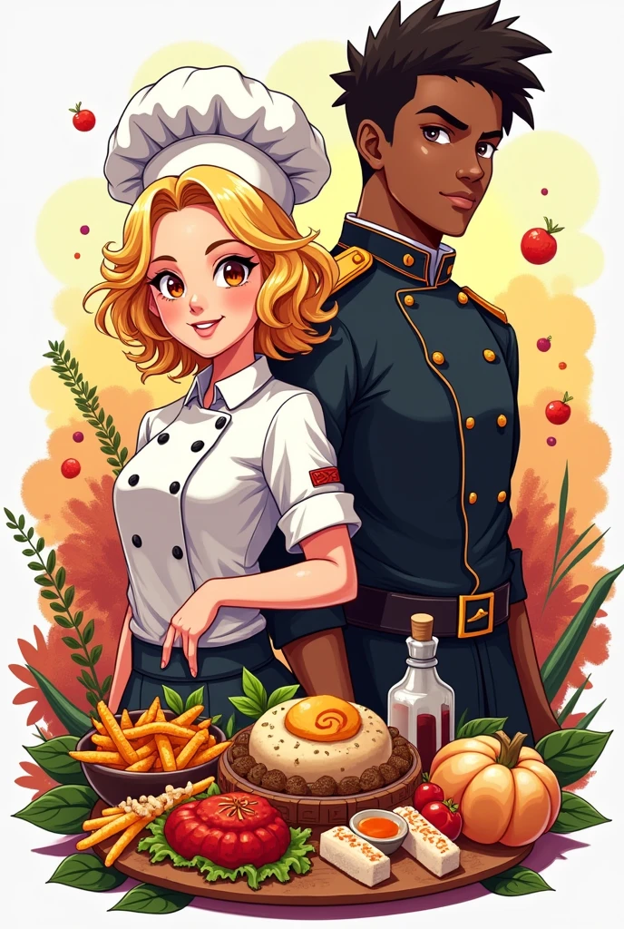 Create a logo for my restaurant where a blonde curly-haired woman with brown eyes appears, who is the chef, next to a black-skinned soldier, where both are surrounded by a lot of food., Everywhere there is food on them too . I need it to be creative, urban type and anime style 