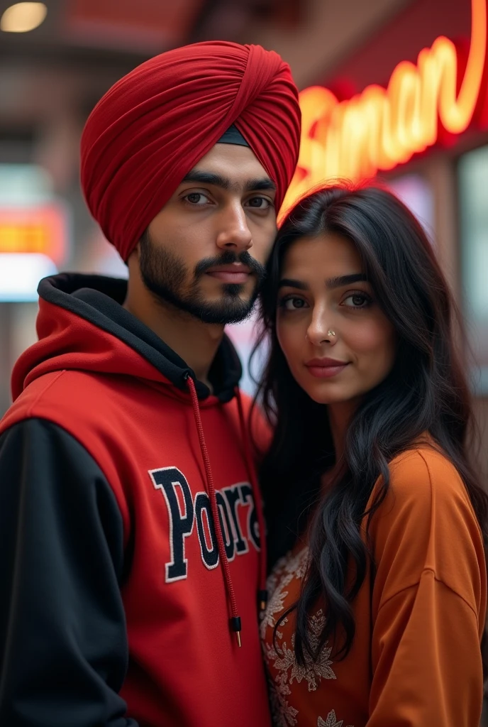 a20years punjabi boy sir pe lal coolar ki turban pero me jute black coolar ke or hoodie pehan ke rakhi ho or hoodie pe name likha ho poorav ek pass me punjabi girl khadi ho hath Beckgruand kbord pe name likha ho ,poorav and or the name of two people is written in the back of the bod.in poorav and simran, me bethe ho dono girl and boy english bhasa bakcgarund daru ka dheka