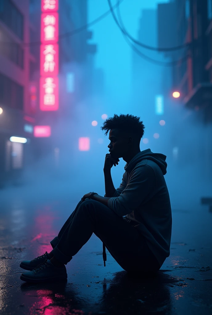 A black shut person .seat and thinking about the save the animals in the world.with neon city blue and pink lights. Lights foogs