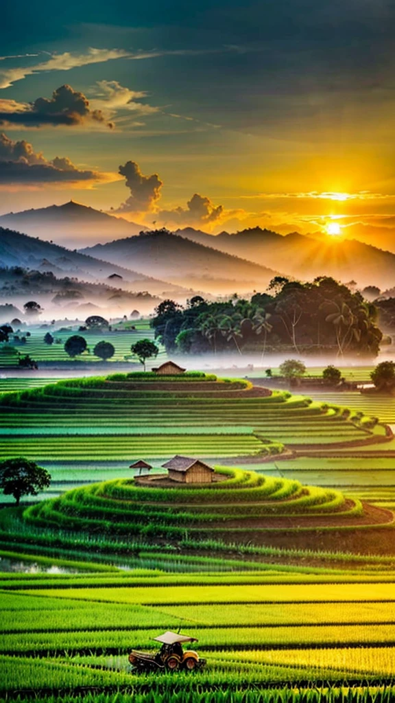 1 rice field, beautiful lush green countryside in Indonesia, farmer working in paddy field, rice harvest, golden ripe rice, warm sunlight, dramatic sky, cinematic lighting, hyper realistic, ultra detailed, 8k, masterpiece, vivid colors, stunning landscape, photorealistic, professional photography