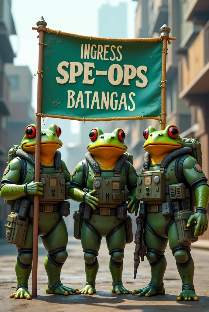 3D, Ingress Enlightened Frog agents, Standing pose, holding "Ingress Spec-Ops Batangas" Banner
