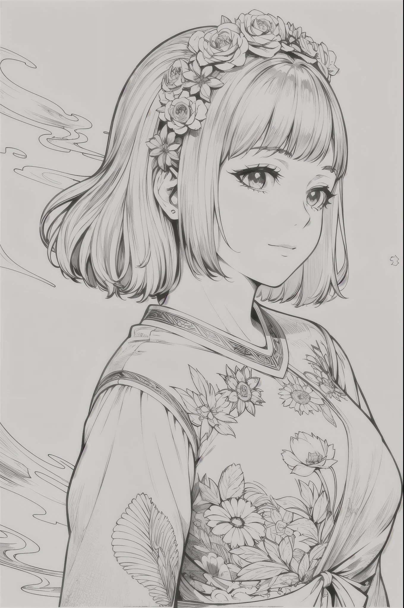 Masterpiece, top quality, one girl, beautiful facial features, short hair, white floral dress, Korean model pose, simple large hair accessory, simple temple wall in background, monochrome, line drawing, Alps mountains.