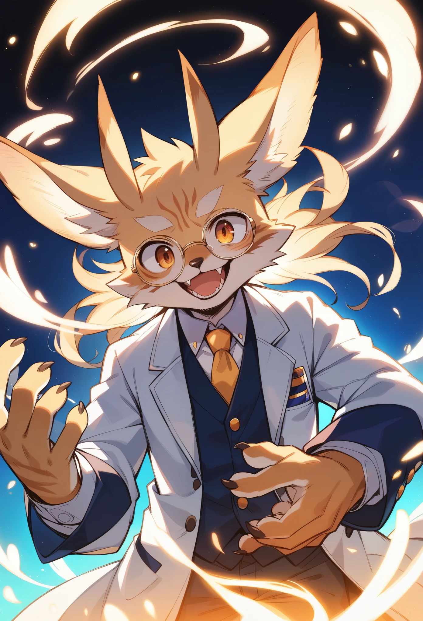 rating_safe, score_9, score_8_up, score_7_up, score_6_up, score_5_up, score_4_up, hires, highres, source_furry, cover page(kemono, furry anthro, angelic handsome 1boy, Smiling embarrassedly, glasses)professor, Lab of a crazy alchemist, chemical that shines, Beautiful lights and shadows, Ambient light, Volumetric lighting, Dynamic configuration, Highly detailed and colorful details, luminous lighting, Atmospheric lighting, dream magical, magic, Glowing light,
