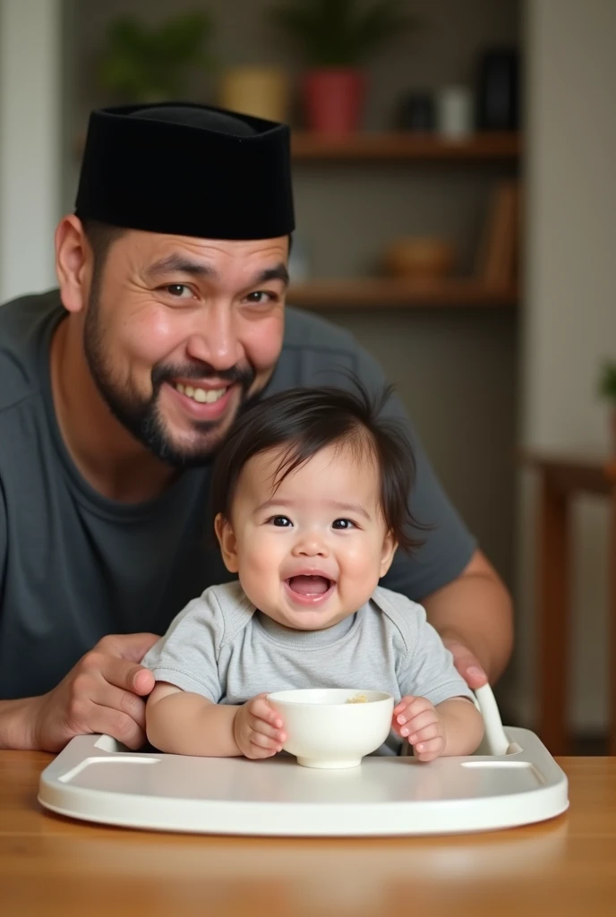 an indonesian baby celebrating her 6 month old age, sitting in a baby chair receiving her first solid meal. the baby is quite hairy. Look happy and delightful. The baby look chubby. Beside her is a man of 50 years old,  little bit fat, clean shaved.  The man wearing a specific Indonesian black cap called peci. Photo realistic. Front facing