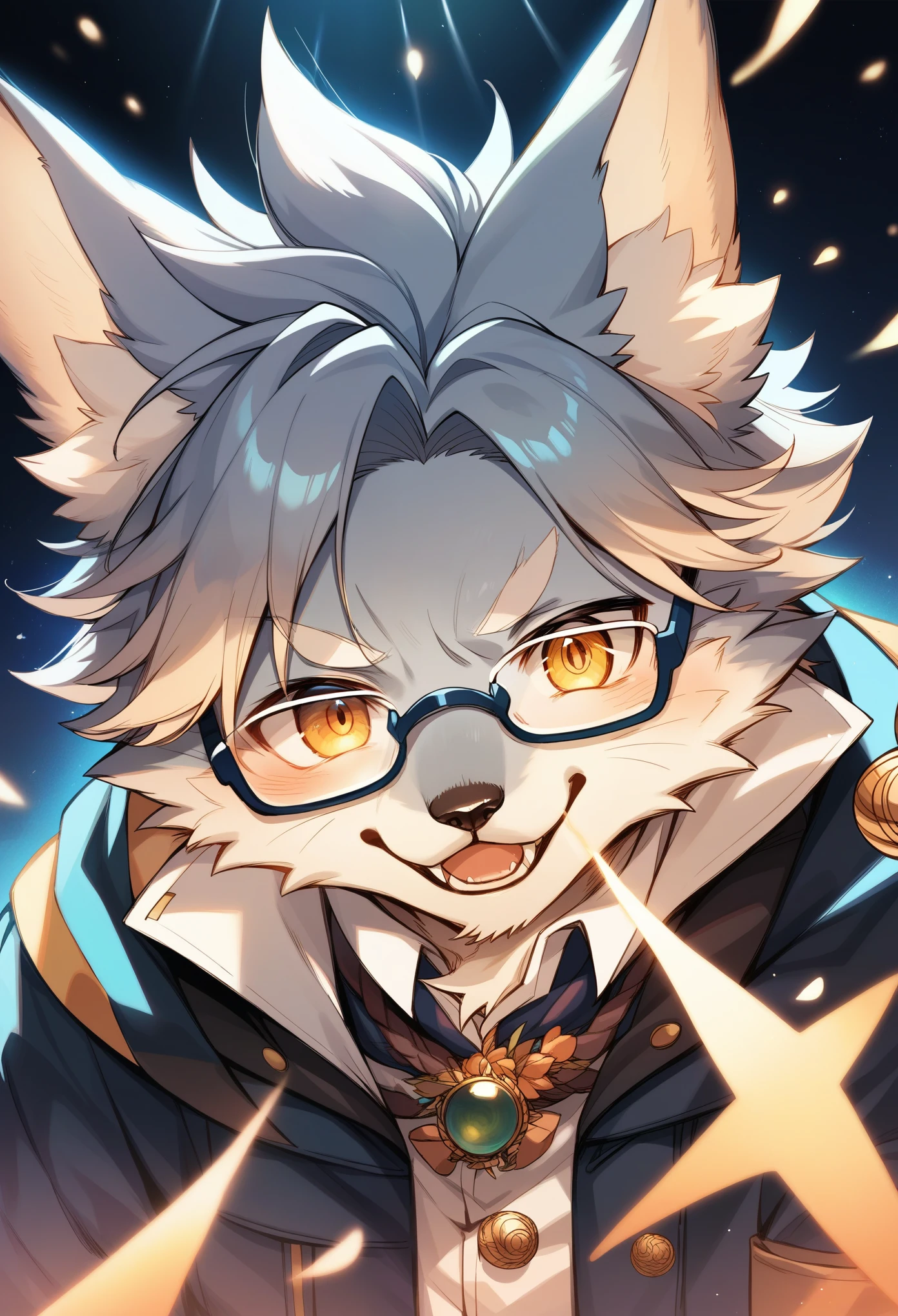 rating_safe, score_9, score_8_up, score_7_up, score_6_up, score_5_up, score_4_up, hires, highres, source_furry, cover page(kemono, furry anthro, angelic handsome 1boy, Smiling embarrassedly, glasses)professor, Lab of a crazy alchemist, chemical that shines, Beautiful lights and shadows, Ambient light, Volumetric lighting, Dynamic configuration, Highly detailed and colorful details, luminous lighting, Atmospheric lighting, dream magical, magic, Glowing light,