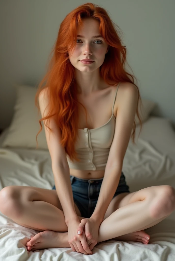 A red girl with long hair and little breasts sits with her legs stretched out, taking a realistic photo
