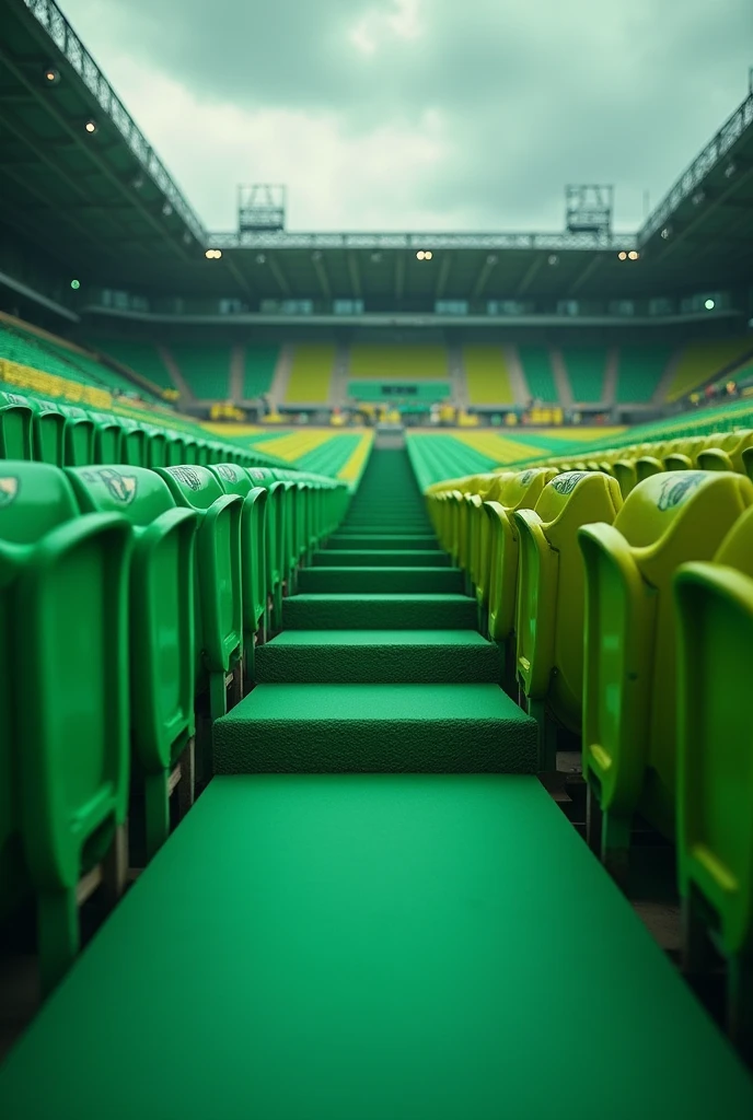 Create an image of football stadium stands that are green and black, and the image is seen from the front. That only a couple of steps can be seen