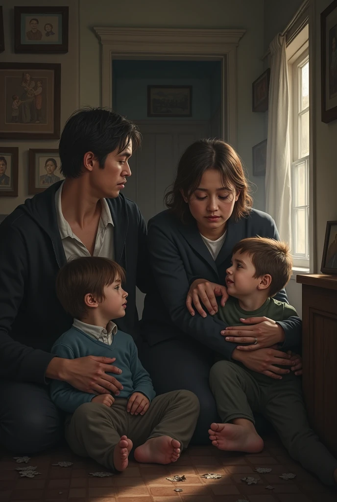 (Ultra Realistic), (Illustration), (High Resolution), (8K), (Very Detailed), (Best Illustration), (Beautiful and Detailed Eyes), (Best Quality), (Ultra Detailed), (Masterpiece), (Wallpaper) There are three people kneeling on the floor in a living room, family, families praying, children, children, kneeling in prayer, we, prayer, children, comforting and familiar, cheerful people in the house, warm and cheerful atmosphere, compassionate, saying a prayer --auto