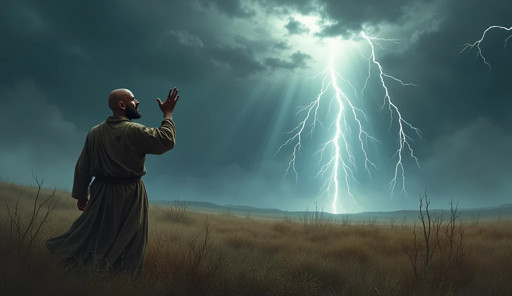 Create a realistic image of Job, as described in the Bible, depicting him in a desolate field. He must have a shaved head, visibly covered in ulcers and sores that spread from his feet to his head. His face expresses deep pain and anguish, as he raises his hands in supplication to God, crying for help. Ao fundo, a storm forms dramatically in the sky, symbolizing the manifestation of the divine presence as an answer to their prayers. The atmosphere must be charged with tension, with dark clouds and lightning illuminating the scene, reflecting both the desolation of Job and the majesty of God's power. The color palette should be dark, with shades of gray and dark blue, highlighting the seriousness of the situation, but also bringing to light hope in divine intervention.