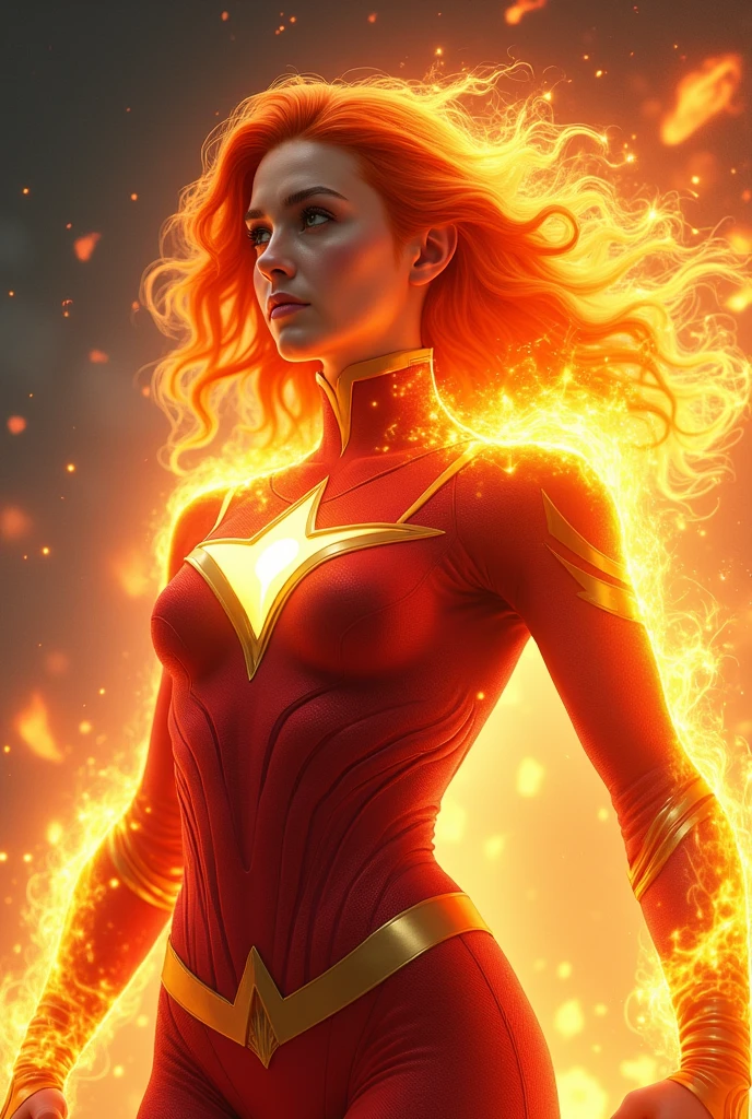 Nova Blaze is a courageous and kind-hearted superhero, always driven by her strong sense of justice. She has fiery red hair that looks like it’s made of flames, and her skin has a soft golden glow. She wears a red-and-gold costume with a flame emblem on her chest. Nova Blaze is a natural leader, inspiring those around her with her determination and compassion.

Nova Blaze can control powerful flames, absorb heat to recharge her energy, fly through the air, and create protective barriers made of fire. However, she can’t handle extreme cold, which weakens her abilities and can even put out her flames. She also can’t stay in one place for too long because her energy and sense of duty constantly push her to find new challenges and help those in need.
