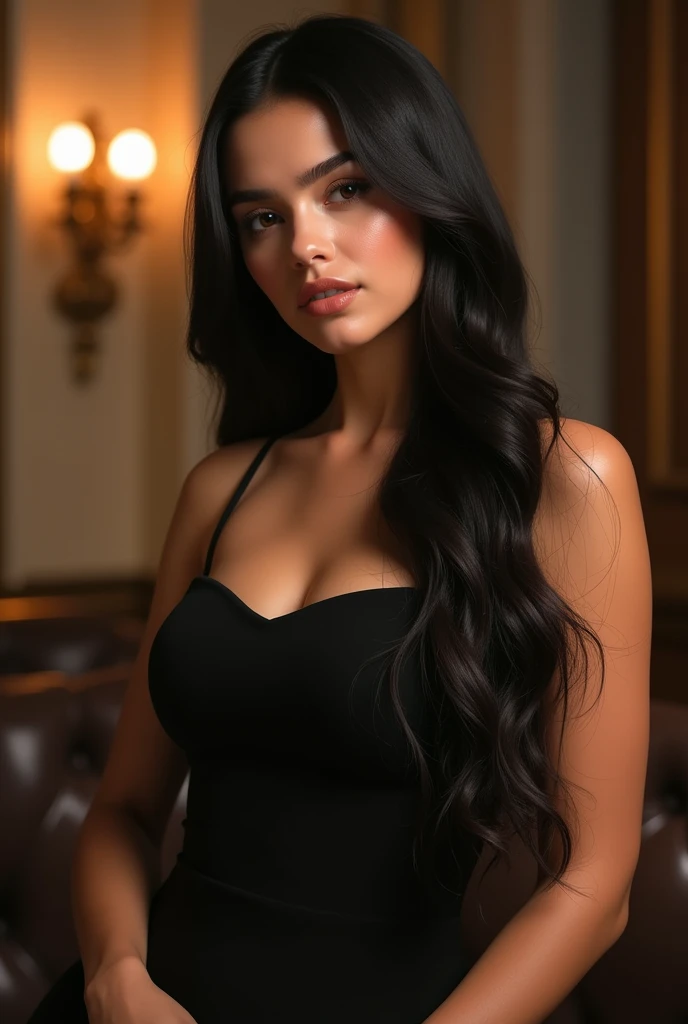 a very realistic and detailed photo of Selena Gomez , tight black dress, perfect makeup, long sleek straight dark hair, high quality, photorealistic, 8k, luxury, elegant, sophisticated, confident pose, studio lighting, cinematic, golden hour, warm tones, glowing skin, piercing eyes, full lips, sharp focus