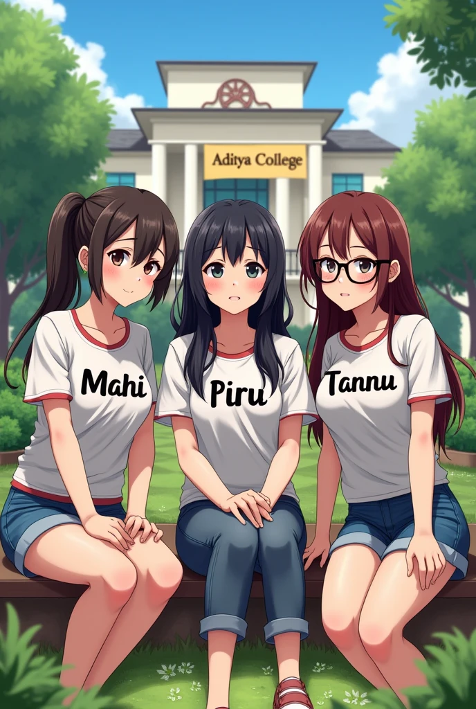 3 ladkiya bethi hai unhone college dress blue shirt or black formal pant pahan rakh hi jinme ek ki shirt par mahi or ek ki shirt par piru or ek ki shirt par tannu likha hai, or piru me chasma bhi laga rakha hai or mahi thodi si moti hai vo ek garden me bethi hui hai or pichhe ek college hai jis par aditya college ka banner lagahua hai aisi Indian girl animetion me image banao