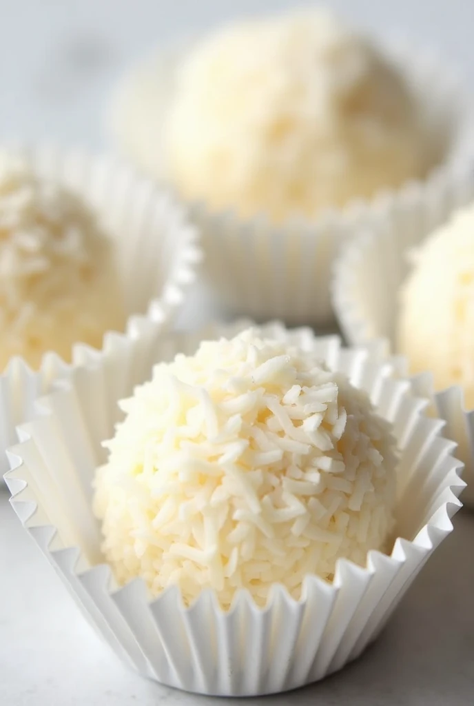 I want you to create several brigadeiros known as coconut kisses, rolled in grated coconut. They must be in their traditional white molds..
The brigadeiro must be completely white