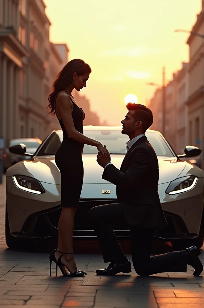Generate Handsome boy and stylish girl standing near car and boy propose a girl