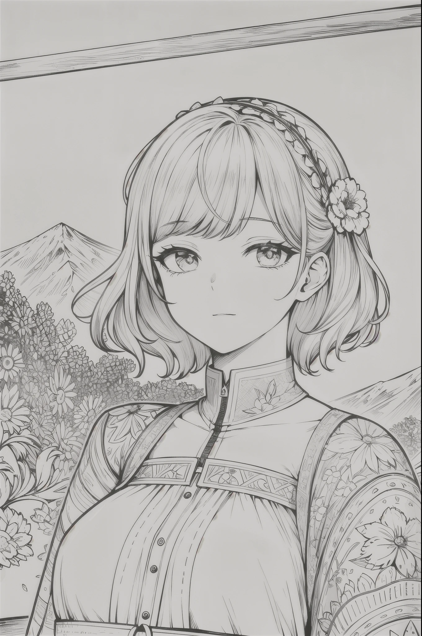 Masterpiece, top quality, one girl, beautiful facial features, short hair, white floral dress, Korean model pose, simple large hair accessory, simple temple wall in background, monochrome, line drawing, Alps mountains.