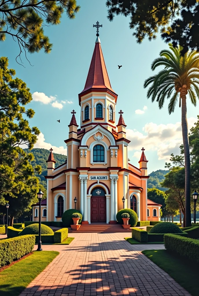 Make an agenda cover with a photo of San Agustin that in the middle says "San Agustin School" and at the bottom has the phrase "If you want to get to know a person, don't ask them what they think but what they love." "