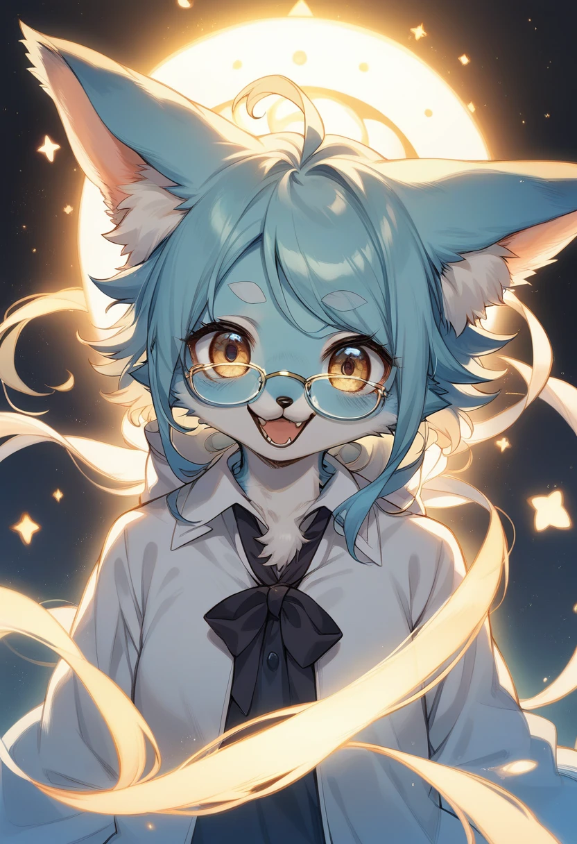 rating_safe, score_9, score_8_up, score_7_up, score_6_up, score_5_up, score_4_up, hires, highres, source_furry, cover page(kemono, furry anthro, angelic 1girl, Smiling embarrassedly, glasses)professor, Lab of a crazy alchemist, chemical that shines, Beautiful lights and shadows, Ambient light, Volumetric lighting, Dynamic configuration, Highly detailed and colorful details, luminous lighting, Atmospheric lighting, dream magical, magic, Glowing light,
