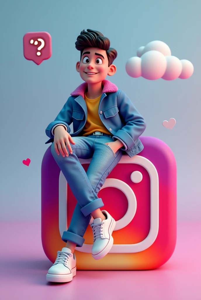 Create a 3D illustration of an animated character sitting casually on top of a social media logo “Instagram”. The character must wear casual modern clothing such as jeans jacket and sneakers shoes. The background of the image is a social media profile page with a user name “mr__aditya” and a profile picture that match.