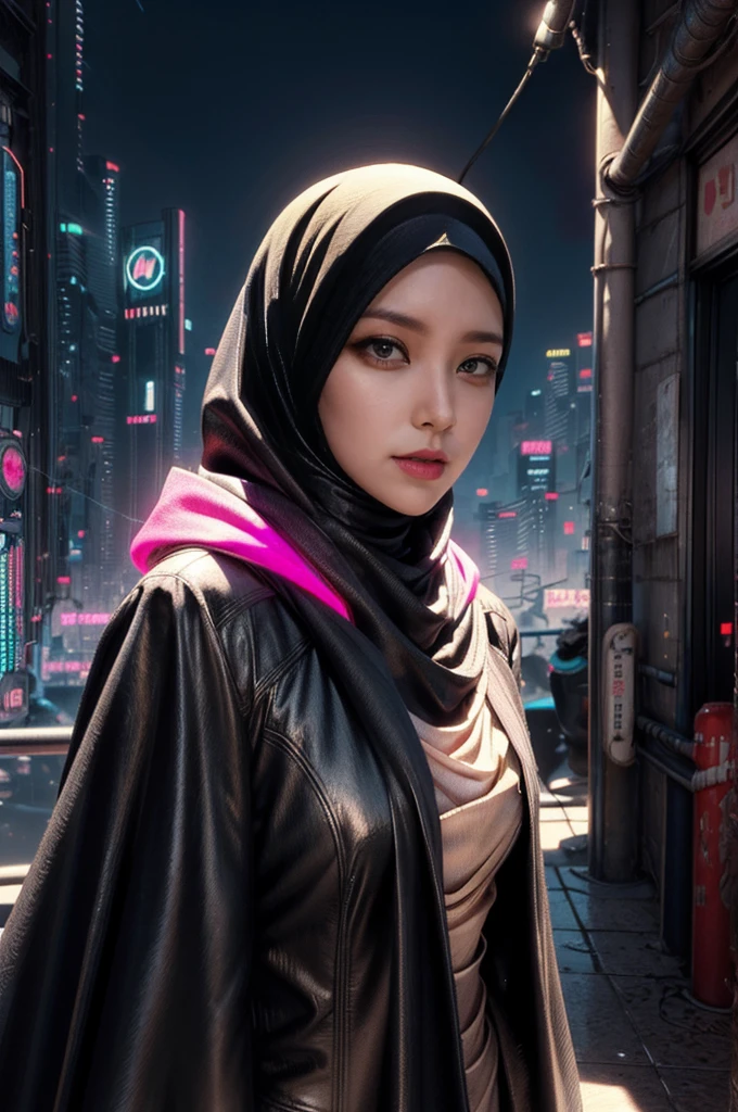 (Neon Cyberpunk Hijab: 1.5), wearing sunhat, [Style: Neon Cyberpunk: 1.3], (RAW Photos: 1.2), (Perfect Eyes: 1.5)),  (Photorealistic: 1.4), (Masterpieces: 1.3), (Best Quality: 1.4), Dreamy, (Detailed Eyes), (Detailed Facial Features), ( (8k:1.27), best quality, masterpiece, Hijab hair, ultra highres:1.2) Photo of Pretty woman (beautiful:1.1) (sci-fi woman:1.1), (Hijab cloak: 1.61) (Hijab leather Coat:1.21) intricate elegant, fantasy, detailed, ometric by greg rutkowski and alphonse mucha, gradient lighting