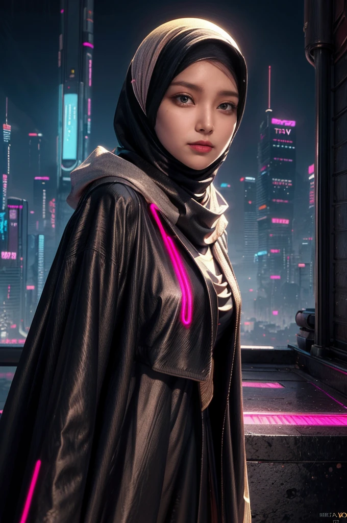 (Neon Cyberpunk Hijab: 1.5), wearing sunhat, [Style: Neon Cyberpunk: 1.3], (RAW Photos: 1.2), (Perfect Eyes: 1.5)),  (Photorealistic: 1.4), (Masterpieces: 1.3), (Best Quality: 1.4), Dreamy, (Detailed Eyes), (Detailed Facial Features), ( (8k:1.27), best quality, masterpiece, Hijab hair, ultra highres:1.2) Photo of Pretty woman (beautiful:1.1) (sci-fi woman:1.1), (Hijab cloak: 1.61) (Hijab leather Coat:1.21) intricate elegant, fantasy, detailed, ometric by greg rutkowski and alphonse mucha, gradient lighting