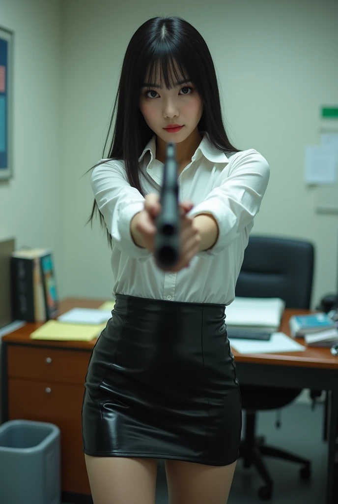 real beautiful sweet big eyes office lady japanese white shirt latex low mini skirt standing legs open wide spreading full portrait holding rifle gun pointing at you front facing aiming at you
