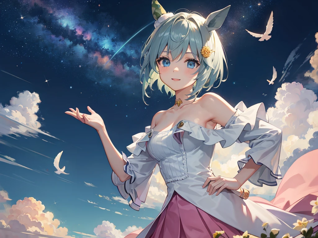 masterpiece, uhd, best quality, highres, 8k、shoot from above、upper body shot。solo、Alone、1Alone。Girl with horse ears、beautiful girl、low length、。Smile。Pink Lipstick、Beautiful breasts。Green Dress、Evening Dresses、Shoulder less、Feather coat、Attached sleeves。Hands on hips。breeze、cliff、Starry Sky。