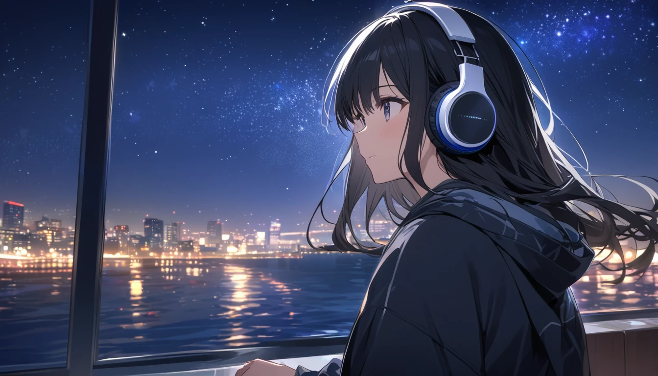 A black-haired woman wearing headphones looks at the night view of Yokohama from the sea,Night starry sky,Streetscape、listen to music、Japanese