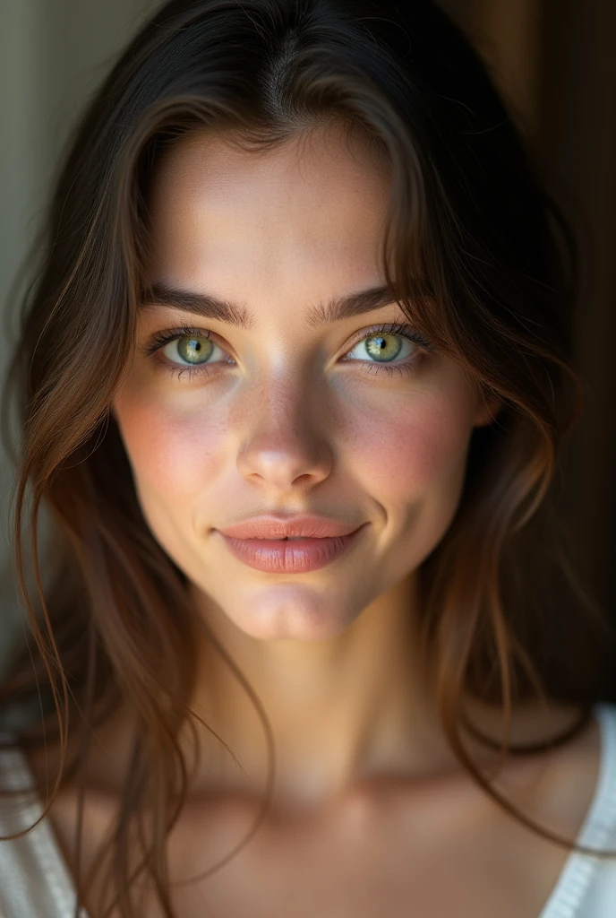 belle brune(22 ans, visage innocent, cheveux naturellement lisse, yeux verts), selfie en haut du corps