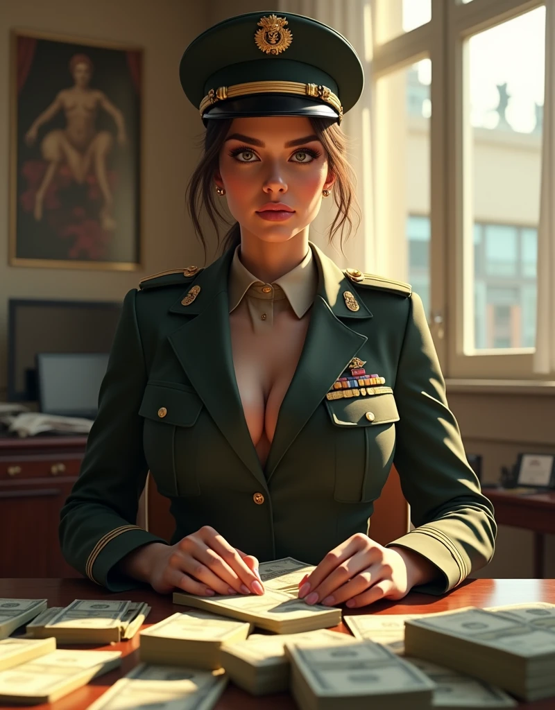 (Photorealism:1.2), sexy woman soldier, She is counting a lot of money.. office. girl in military uniform.