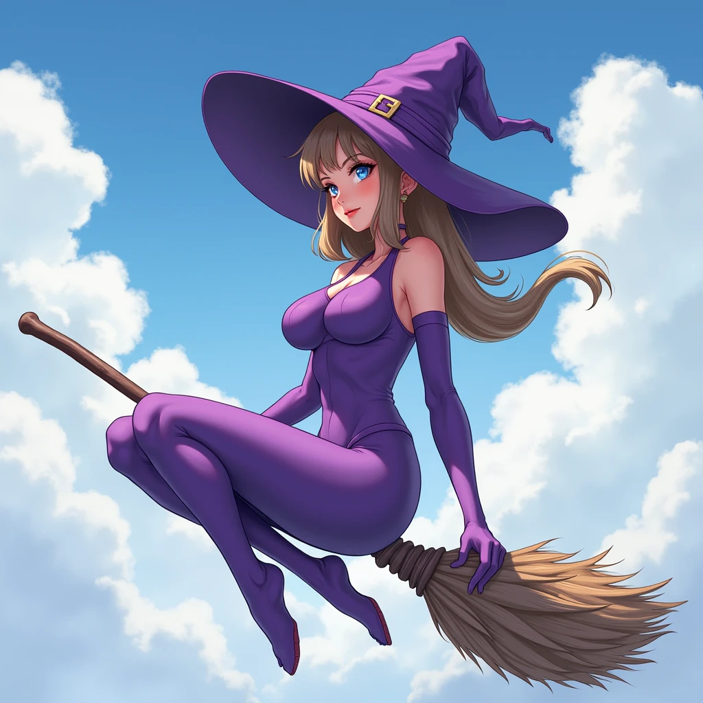 illustration, game cg, huge breasts, mature female, witch hat, purple leotard, sitting on broom, in the sky, highleg, slim waist,