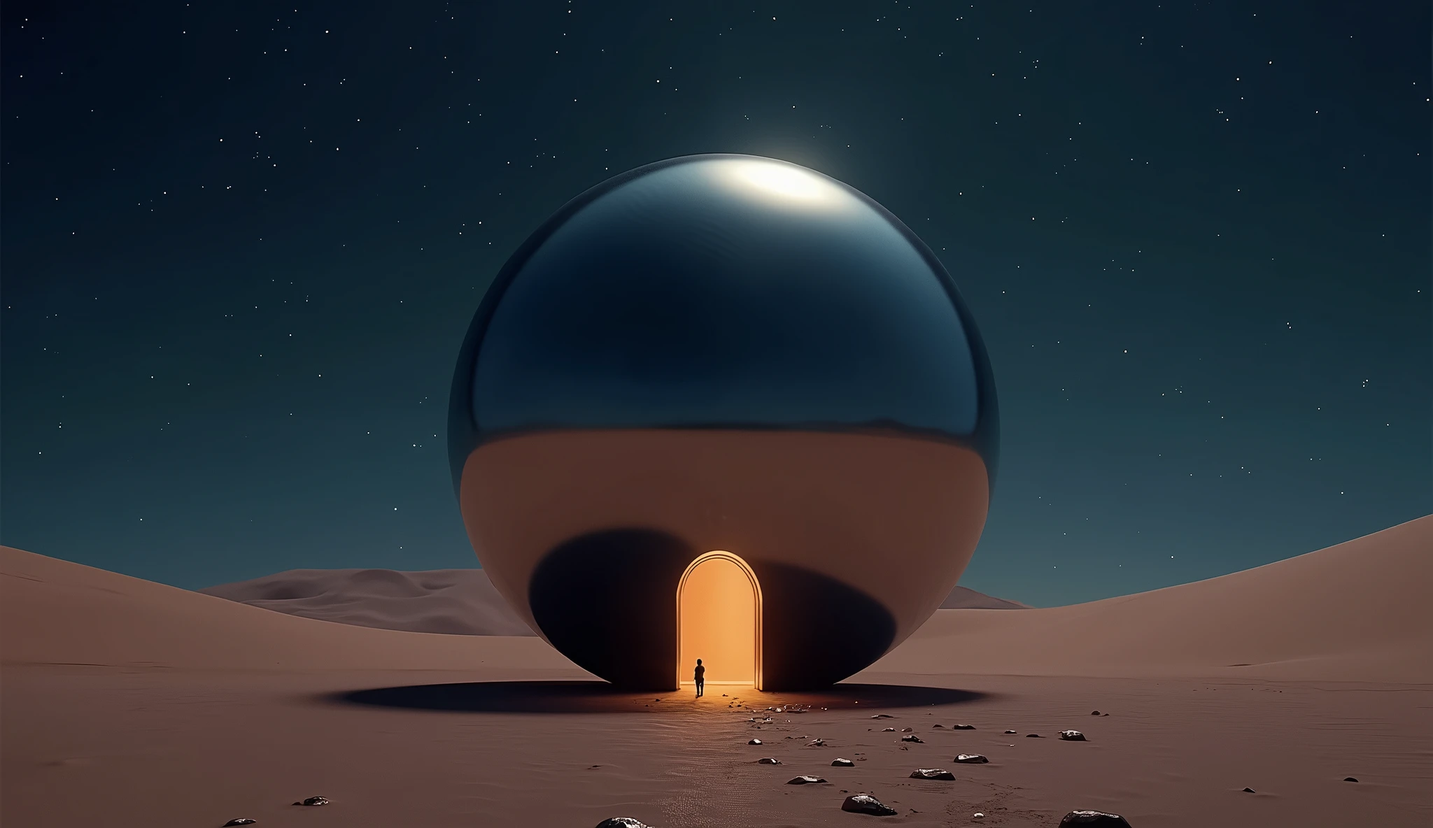 a massive mirror smooth sphere rest on the desert floor at night. a small oval door is open near the bottom, spilling light onto the sand photo realistic