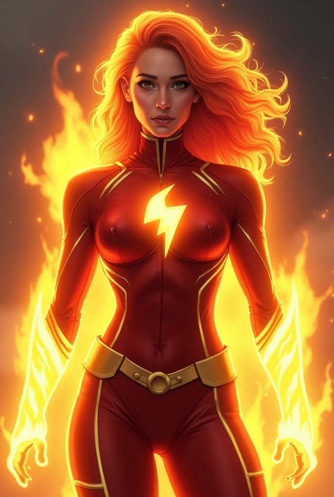 Nova Blaze is a courageous and kind-hearted superhero, always driven by her strong sense of justice. She has fiery red hair that looks like it’s made of flames, and her skin has a soft golden glow. She wears a red-and-gold costume with a flame emblem on her chest. Nova Blaze is a natural leader, inspiring those around her with her determination and compassion.

Nova Blaze can control powerful flames, absorb heat to recharge her energy, fly through the air, and create protective barriers made of fire. However, she can’t handle extreme cold, which weakens her abilities and can even put out her flames. She also can’t stay in one place for too long because her energy and sense of duty constantly push her to find new challenges and help those in need.