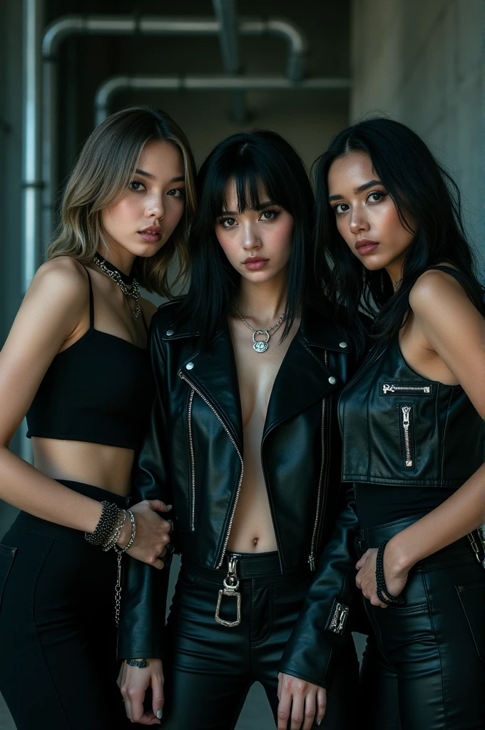 I'm taking photos for a new concept album. Create concept photos of girl groups posing with "drama" style outfits