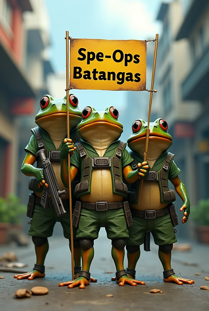3D, Ingress Enlightened Frog agents, Standing pose, holding "INGRESS SPEC-OPS BATANGAS" Banner