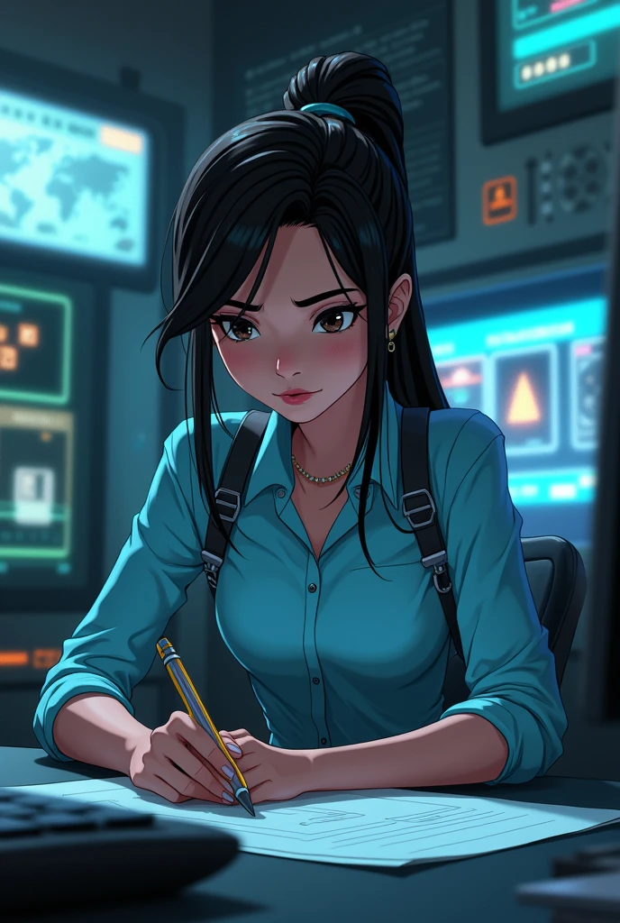 Cyberpunk style animation of a girl named Pramidita in her shirt while studying