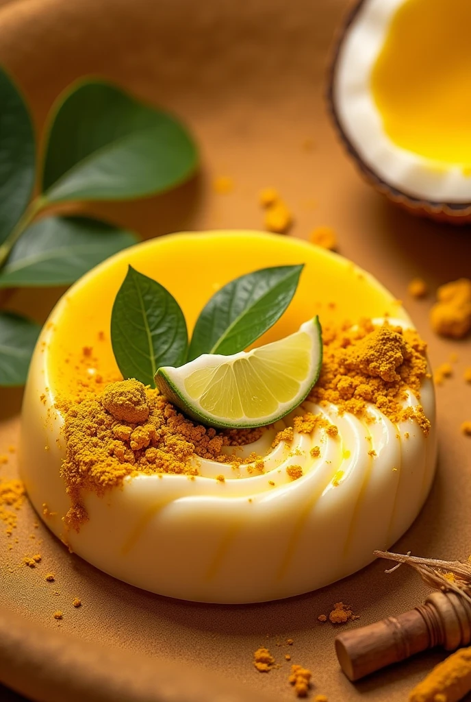 Create a Facebook soap image in a copper color, a circle with kaffir lime leaves, turmeric, collagen, honey, coconut water, and Thanaka.