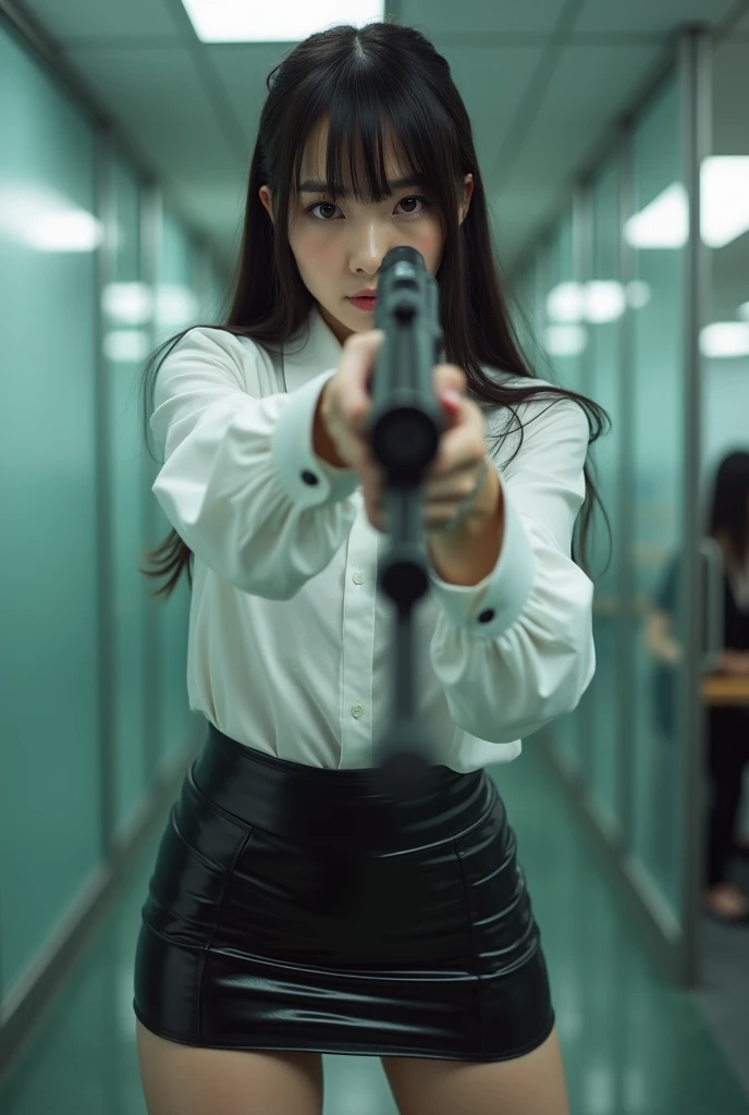 real beautiful sweet big eyes office lady japanese white shirt latex low mini skirt standing legs open wide spreading full portrait holding rifle gun pointing at you front facing aiming at you
