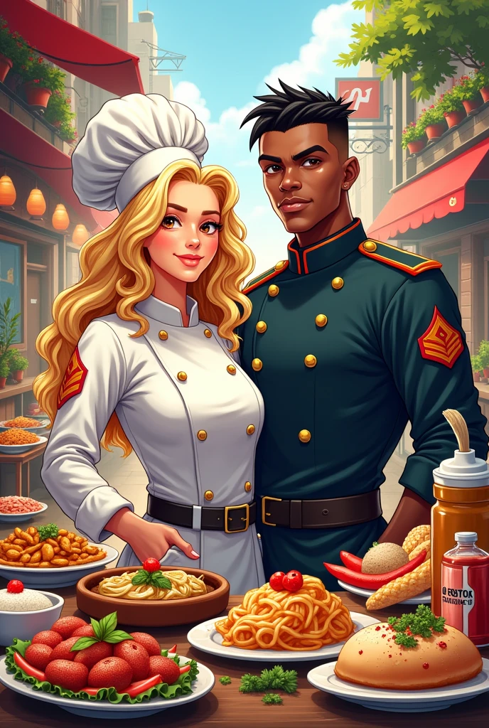 Create a logo for my restaurant where a blonde curly-haired woman with brown eyes appears, who is the chef, next to a black-skinned soldier. (military cut) where both are surrounded by lots of food, Everywhere there is food on them too . I need it to be creative, urban type and anime style 