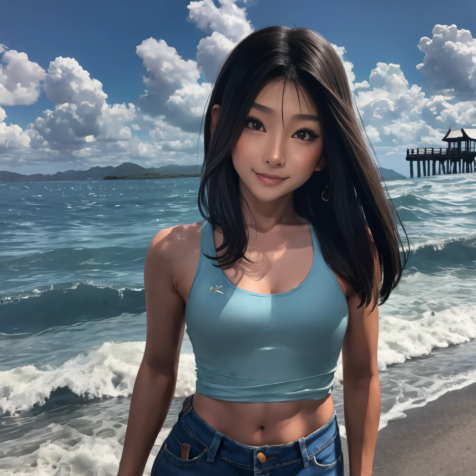 A woman wearing a tank top and jeans is standing on a pier., A young and cute Korean-Japanese half-woman, a 若いAsian Woman, 若いAsian Woman, Beautiful young Korean woman, young asian girl, beautiful 若いAsian Woman, Beautiful Korean Women, Asian Woman, Waving and smiling, Beautiful Asian, 美しいAsian Woman, Long haired asian girl, near a jetty,Light blue sea、Not glamorous